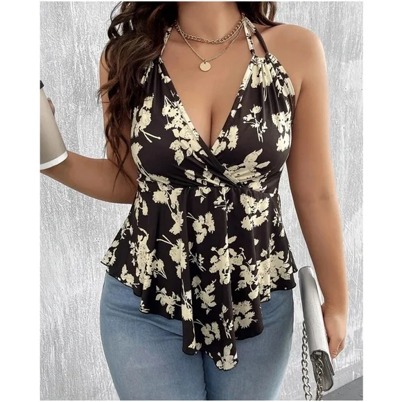 Plus Floral Print Ruffle Hem Halter Tank top - Picture 4 of 8